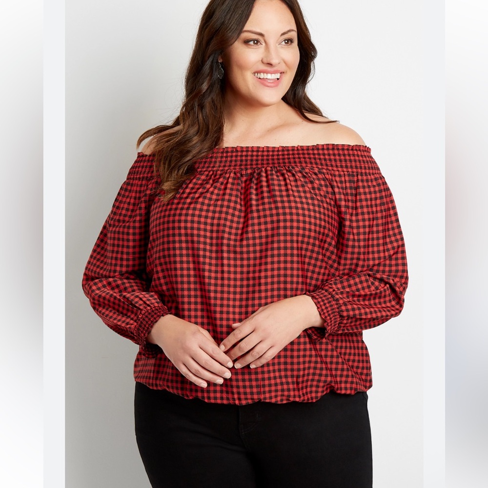 Maurices Red Checker Print Smocked Off The Shoulder Top